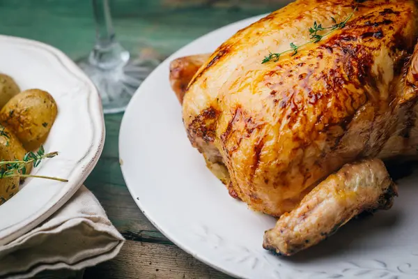 Pollo Asado Con Tomillo Servido Plato Blanco Con Papas Naranjas — Foto de Stock