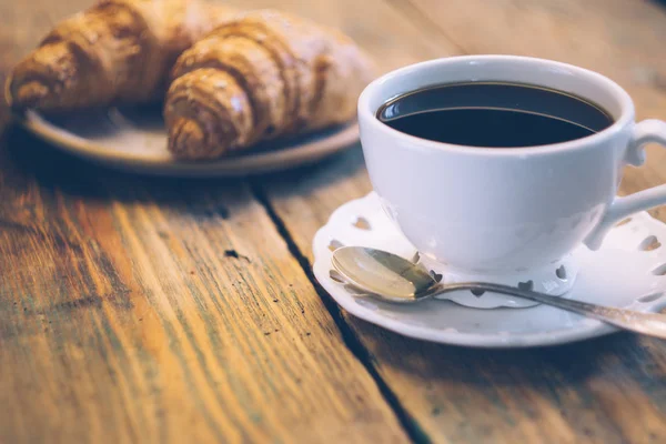 Black Coffee Croissants Jam Orange Juice Typical French Breakfast Petit — Stock Photo, Image