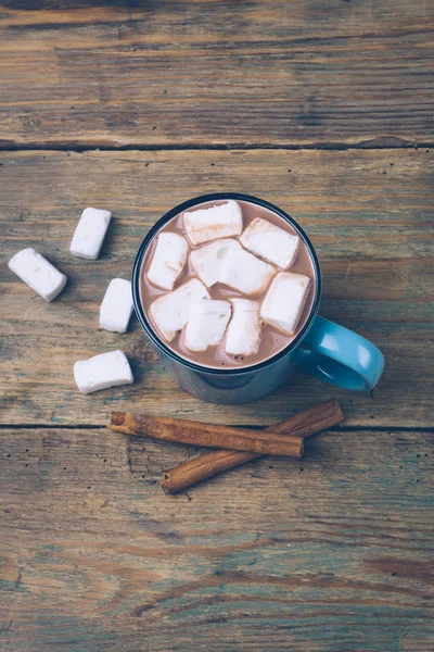 Cup Hot Cocoa Hot Chocolate Marshmallows Cinnamon Sticks Wooden Background Stock Image