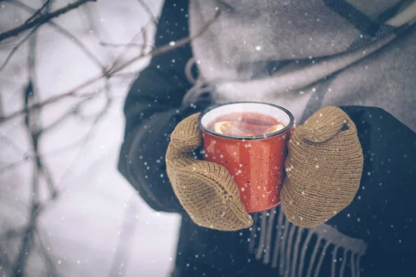 Kadın el mittens kırmızı bir kaba mulled şarap. Karlı kış orman sıcak kış içkide açık. Kar taneleri ile Noel arka plan