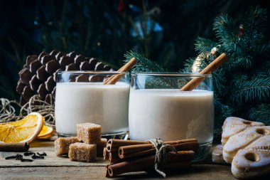 Yumurta likörü (yumurta-nog), geleneksel Noel Kış tarçın, karanfil ve Hindistan cevizi ile içki. Ev yapımı içecekler. Kış Noel ruh hali.