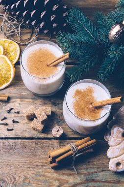 Yumurta likörü (yumurta-nog), geleneksel Noel Kış tarçın, karanfil ve Hindistan cevizi ile içki. Ev yapımı içecekler. Kış Noel ruh hali.