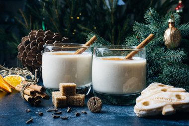 Yumurta likörü (yumurta-nog), geleneksel Noel Kış tarçın, karanfil ve Hindistan cevizi ile içki. Ev yapımı içecekler. Kış Noel ruh hali.