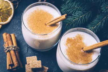 Yumurta likörü (yumurta-nog), geleneksel Noel Kış tarçın, karanfil ve Hindistan cevizi ile içki. Ev yapımı içecekler. Kış Noel ruh hali.