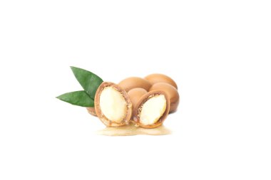 Argan beyaz bir arka plan üzerinde izole tohumları. Argan yağı ve argan fındık kavramı