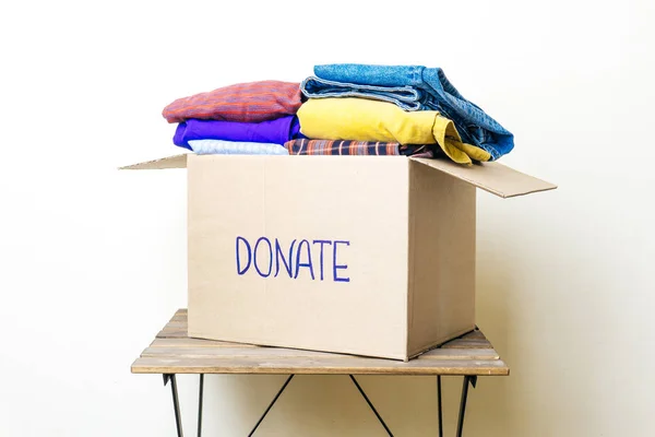 Clothes Donation Food Donation Concept Inglês Caixa Doação Com Roupas — Fotografia de Stock