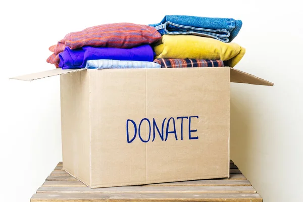 Clothes Donation Food Donation Concept Donation Box Clothes Hygiene Products — Stock Photo, Image
