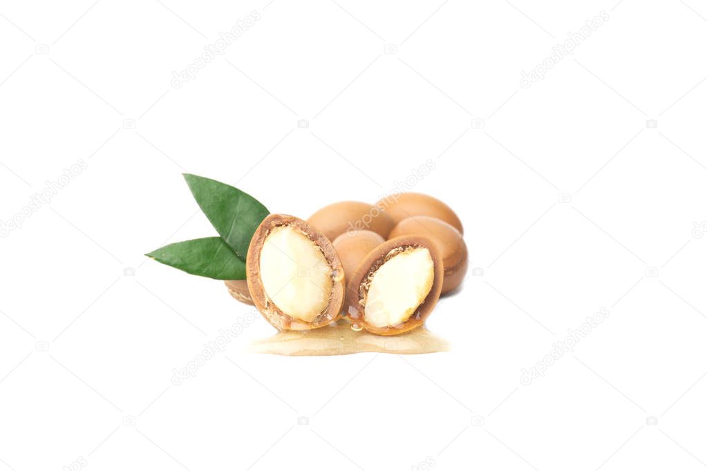 ARGAN SEEDS isolated on a white background. Argan oil and argan nuts concept