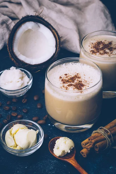 Konsep Diet Ketogenik Latte Ketogenik Dengan Minyak Kelapa Diet Lemak — Stok Foto