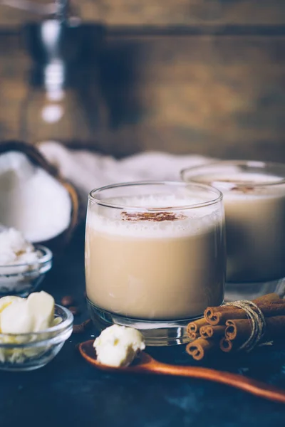 Conceito Dieta Cetogênica Latte Cetogênico Com Óleo Coco Dieta Rica — Fotografia de Stock