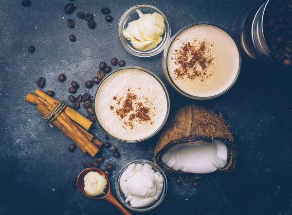 Concepto Dieta Cetogénica Latte Cetogénico Con Aceite Coco Dieta Alta — Foto de Stock