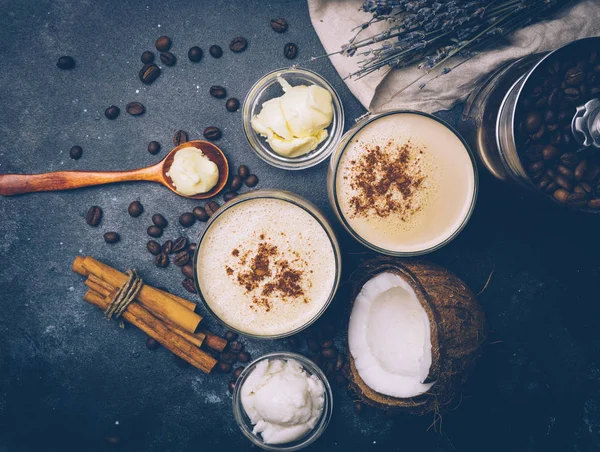 Conceito Dieta Cetogênica Latte Cetogênico Com Óleo Coco Dieta Rica — Fotografia de Stock