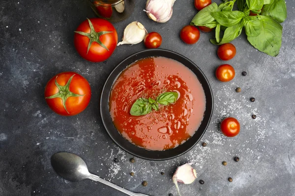 Gazpacho zimne lato wegetariańska zupa pomidorowa z bazylią w misce — Zdjęcie stockowe
