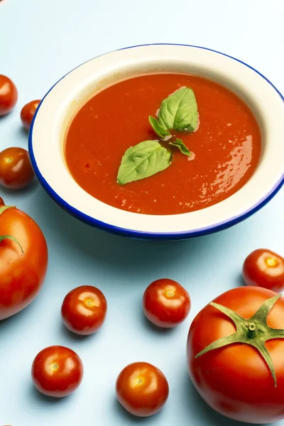 Gazpacho sopa de tomate vegetariano de verano frío con albahaca en un tazón —  Fotos de Stock