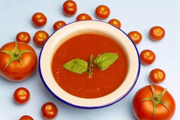 Gazpacho sopa de tomate vegetariano de verano frío con albahaca en un tazón —  Fotos de Stock
