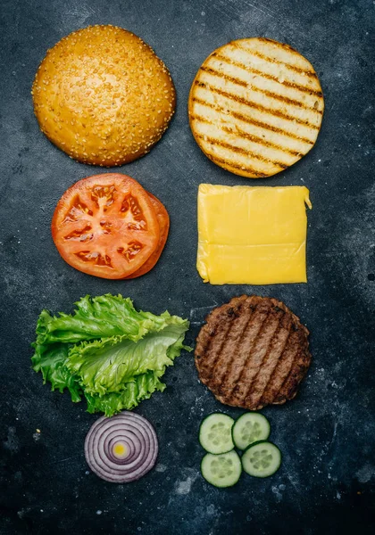 Home made Burger composition (recipe). Products for the classic — Stock Photo, Image