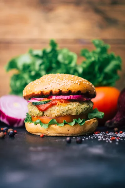 Vegetarian burger (home made burger) with chickpea cutlet and ve