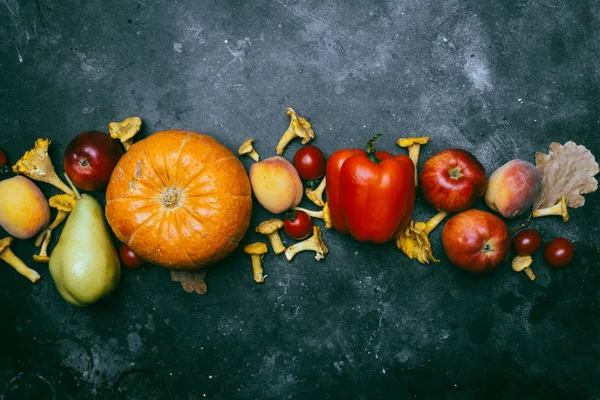 Höstsäsongens grönsaker och frukter (pumpa, päron, äpplen, Co — Stockfoto