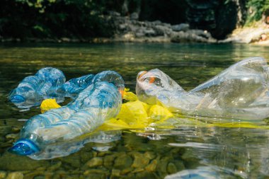 Nehirde Plastik Kirliliği. Kirli plastik şişe ve çanta o