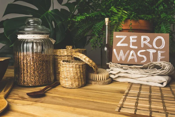 Zero waste concept. Reusable household items (cans, plates, bags