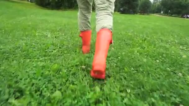 Wandeling Het Gras Rubberen Laarzen Natuur Tuin Pov Concept — Stockvideo