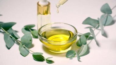 Okaliptüs yağı izole edilmiş. Beyaz arka planda yaprakları olan okaliptüs yağı. Kozmetik ve okaliptüs özlü aromatik yağlar