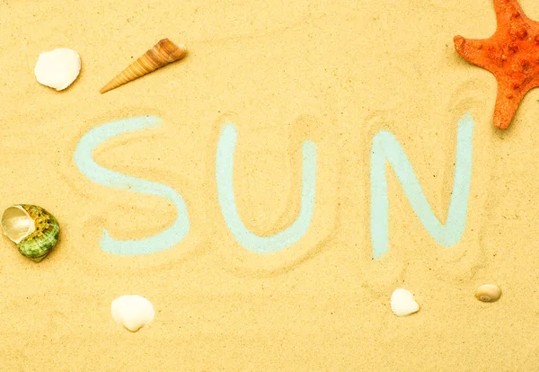 Lato Wakacje Plaży Nad Morzem Tle Napis Słowo Sun Piasku — Zdjęcie stockowe