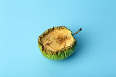 Asgari mavi arkaplanda kurumuş elma. Bozulmuş meyve ve sebzeler. Yaşlılık ve deri konsepti.