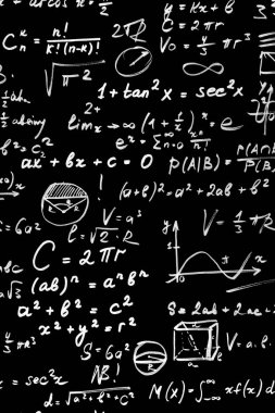 Karanlık bir zemin üzerinde el yazısıyla yazılmış bilimsel formüller ve denklemler, eğitim, araştırma ve entelektüel projeler için mükemmel.