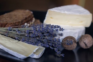 Ekmek peynir camamber gouda biber şarap fındık lavanta koyu arka plan üzerinde bileşimi