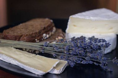 Ekmek peynir camamber gouda biber şarap fındık lavanta koyu arka plan üzerinde bileşimi