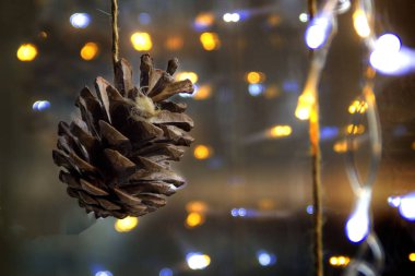 Büyük bir pencerenin arka plan üzerinde bir koni Noel dekorasyon