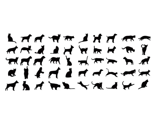 Honden Katten Zwarte Silhouet Set — Stockvector