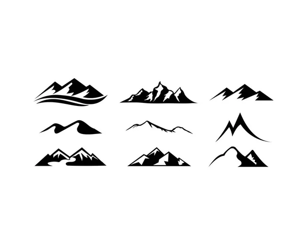 Montaña Paisaje Exterior Pico Aventura Silueta Logo Conjunto — Vector de stock