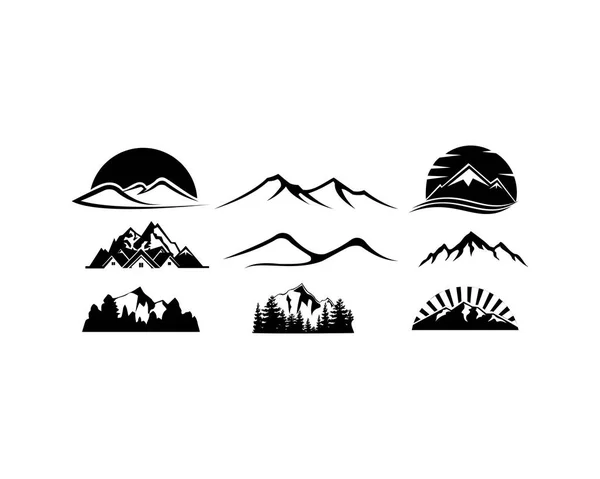 Montaña Paisaje Exterior Pico Aventura Silueta Logo Conjunto — Vector de stock