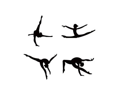 Sporcu kadın spor salonunda egzersiz. Beyaz arka plan üzerinde izole bale kız vektör şekil. Jimnastik kadın siyah siluet çizimi. Ritmik jimnastik büyük bir grup siluet vektör.