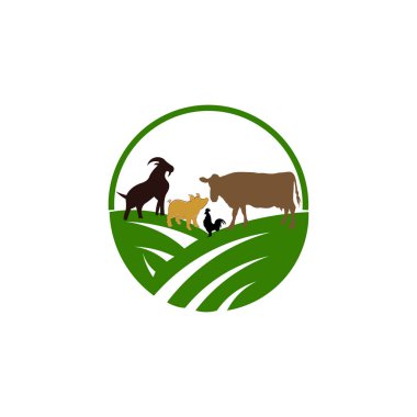 Hayvan Çiftliği etiketi., inek, domuz, tavuk, keçi Vintage vektör grubu. Logo hayvan.