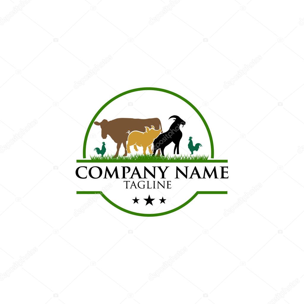 Vintage Vector group of animal farm label., Cow,pig,chicken,goat. Logo Animal.