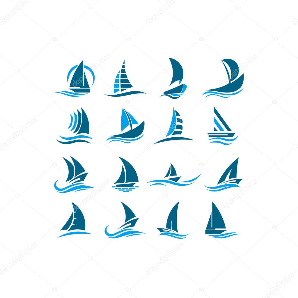 The ship is on the waves. Sailboat. Logo for a tourist company, for water competitions, for tourism.