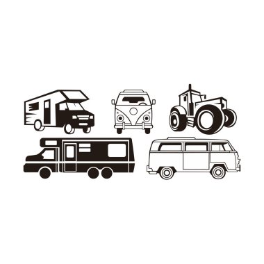 Wohnmobil und kamp ve traktör logo siluet, araba seyahat 