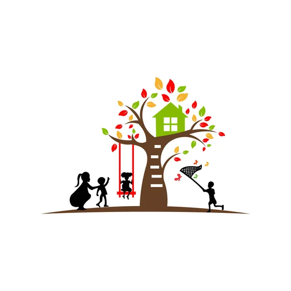 Çocuk Anneler Ağaç Altında Oynamak Yaratıcı Eğitim Logosu Ilham — Stok Vektör