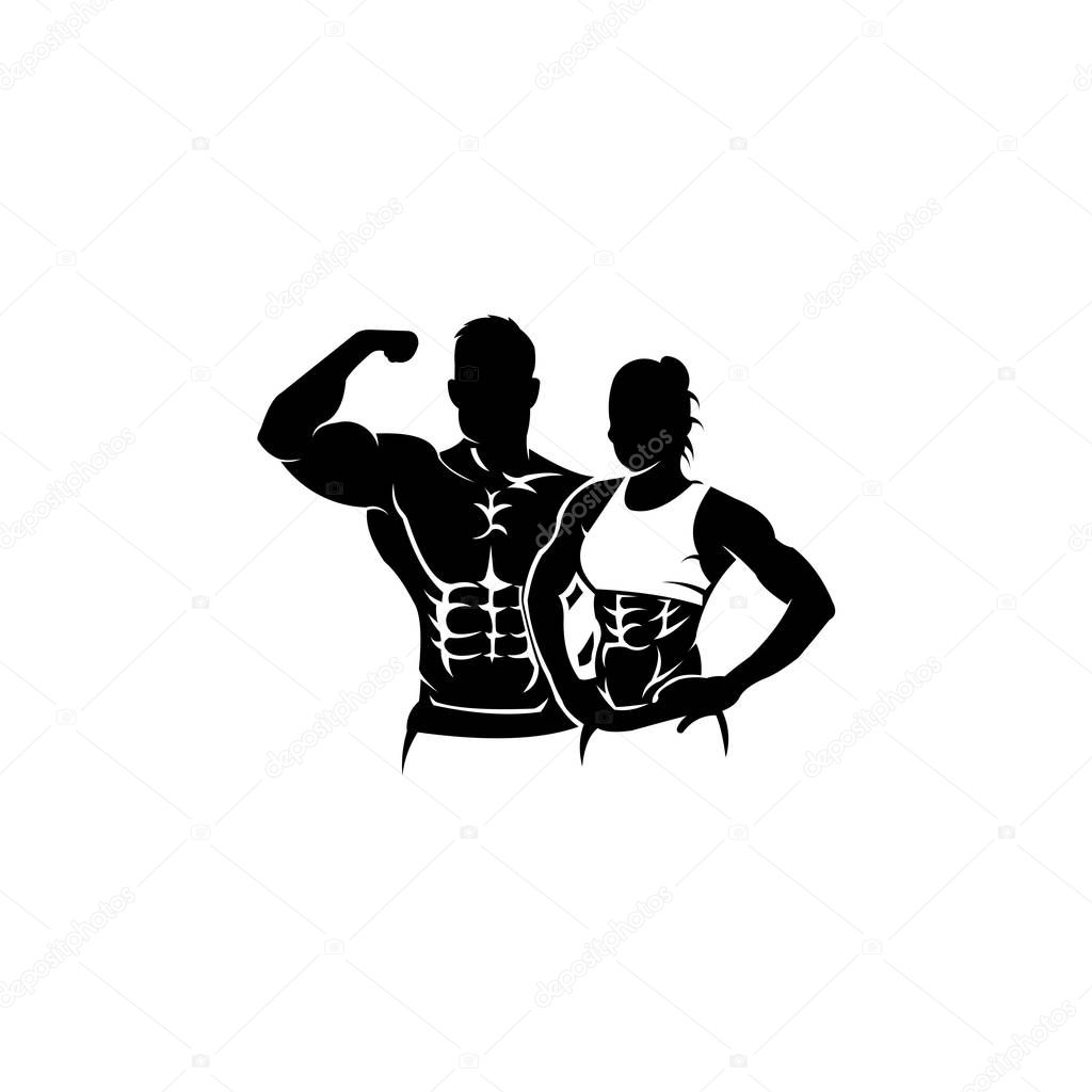Physical Fitness, Sport Gym Logo,Bodybuilder with big muscles posing, isolated vector silhouette, Front view