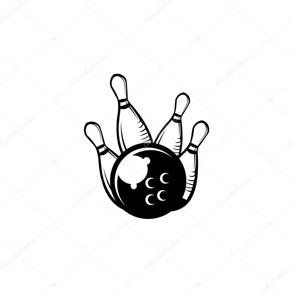 Style bowling logo, icons and symbol. Bowling ball and bowling pins illustration. Trendy design elements.