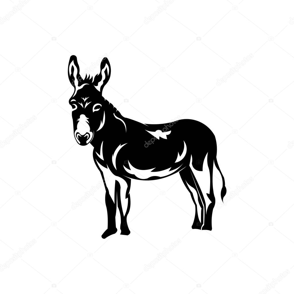 Donkey - black and white logo. Abstract drawing of cute animal donkey of livestock.