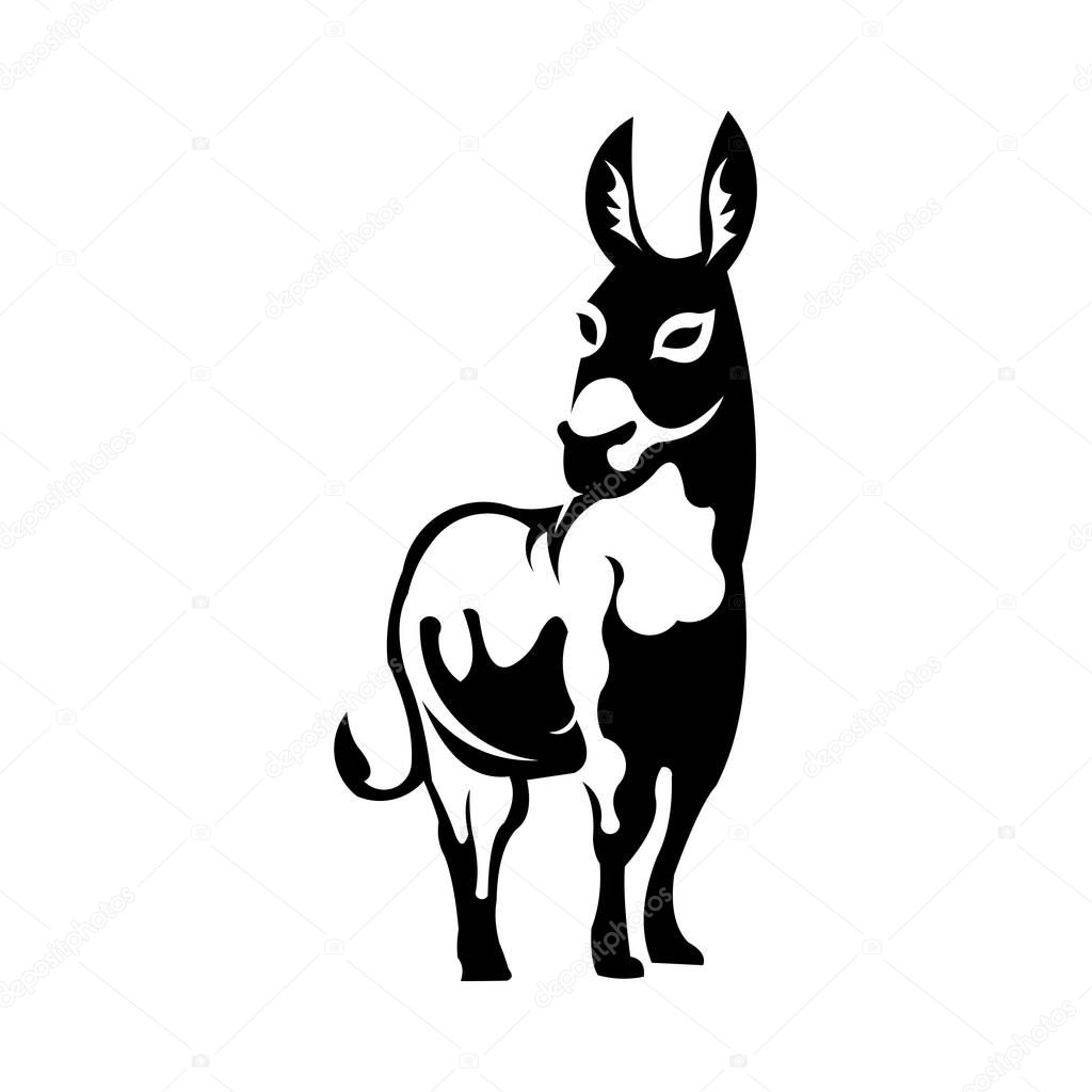 Donkey - black and white logo. Abstract drawing of cute animal donkey of livestock.