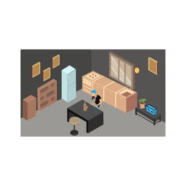  İş, not defteri, aile, bir fincan kahve ve köpekle odada bir çocuk mutfak odasının içinde bir vektör.