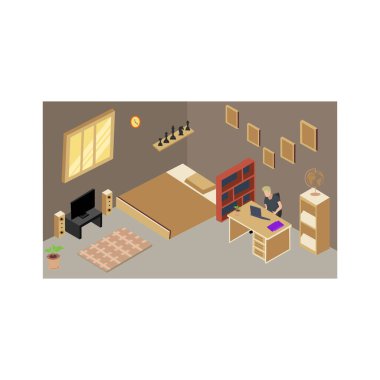 Yurt içi yatak odası manzarası, sandalyeler, masa, kitaplıklar, iç mekan.