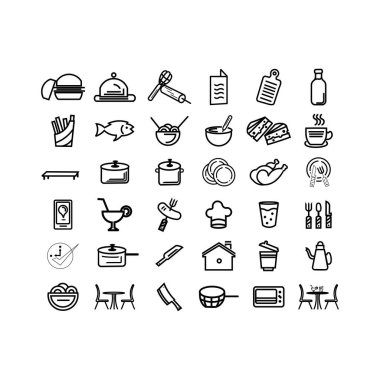  Restoran ve Gıda Hattı Simgeleri kümesi Fast Food Vector paketi ve pişirme malzemesi gibi simgeler içerir.