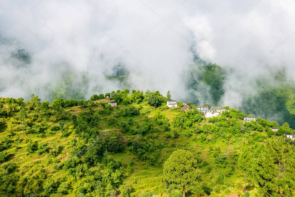 Village in Fog in Himalayas, Nainital, Uttarakhand, India-