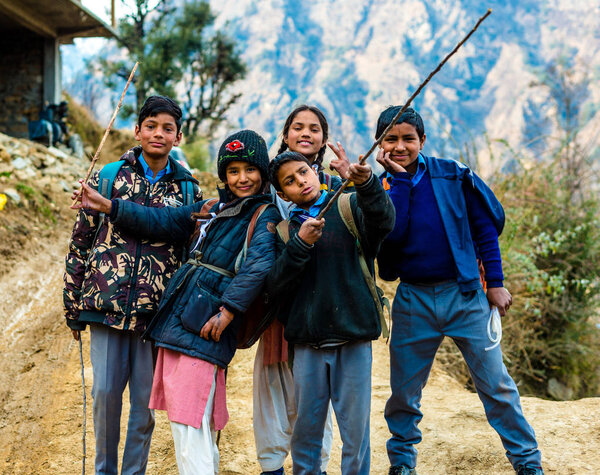 Kullu, Himachal Pradesh, India - March 01, 2019 : Photo of Himalayan Children in Himalaya, Sainj Valley